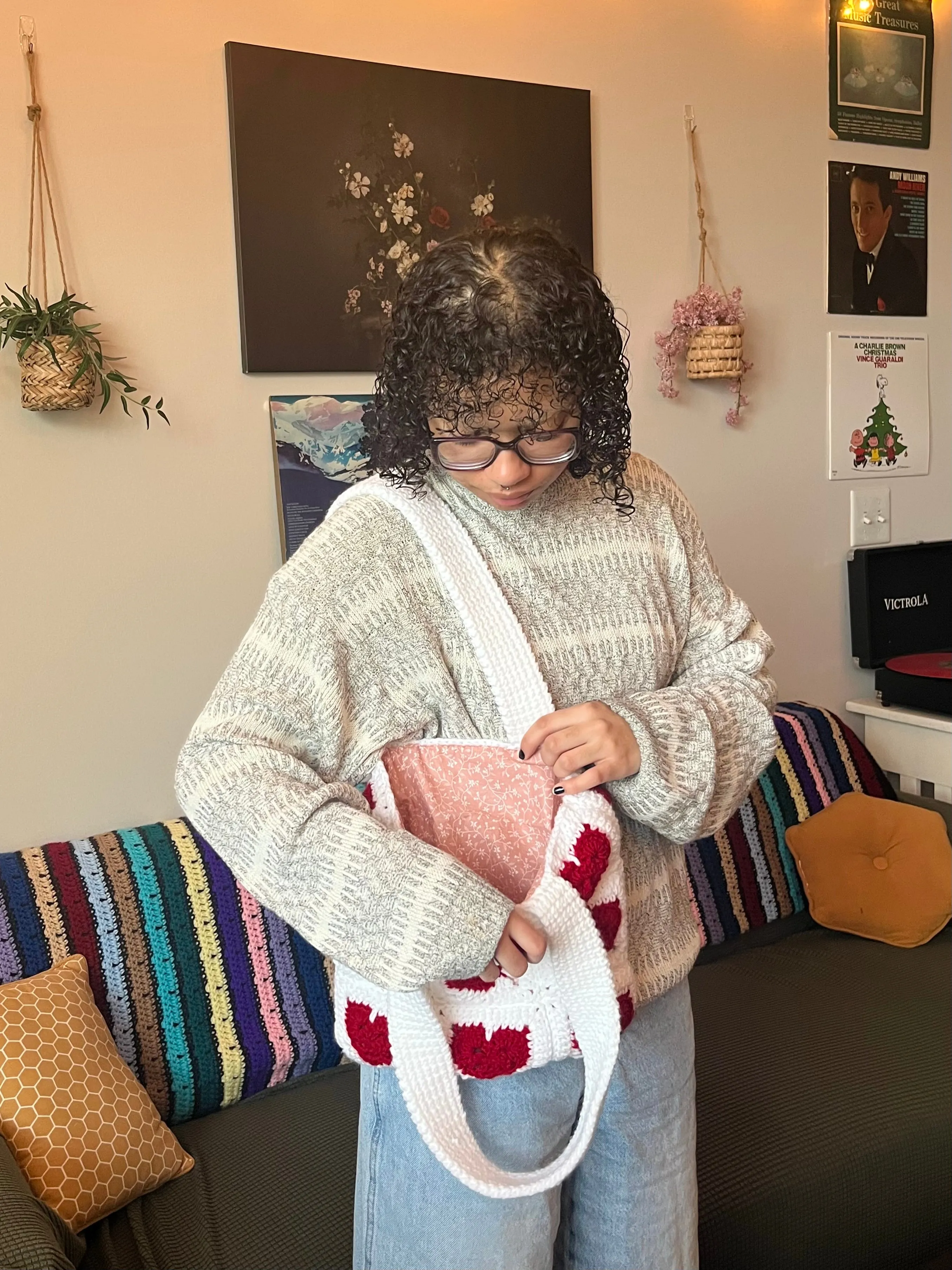 red and white heart tote bag