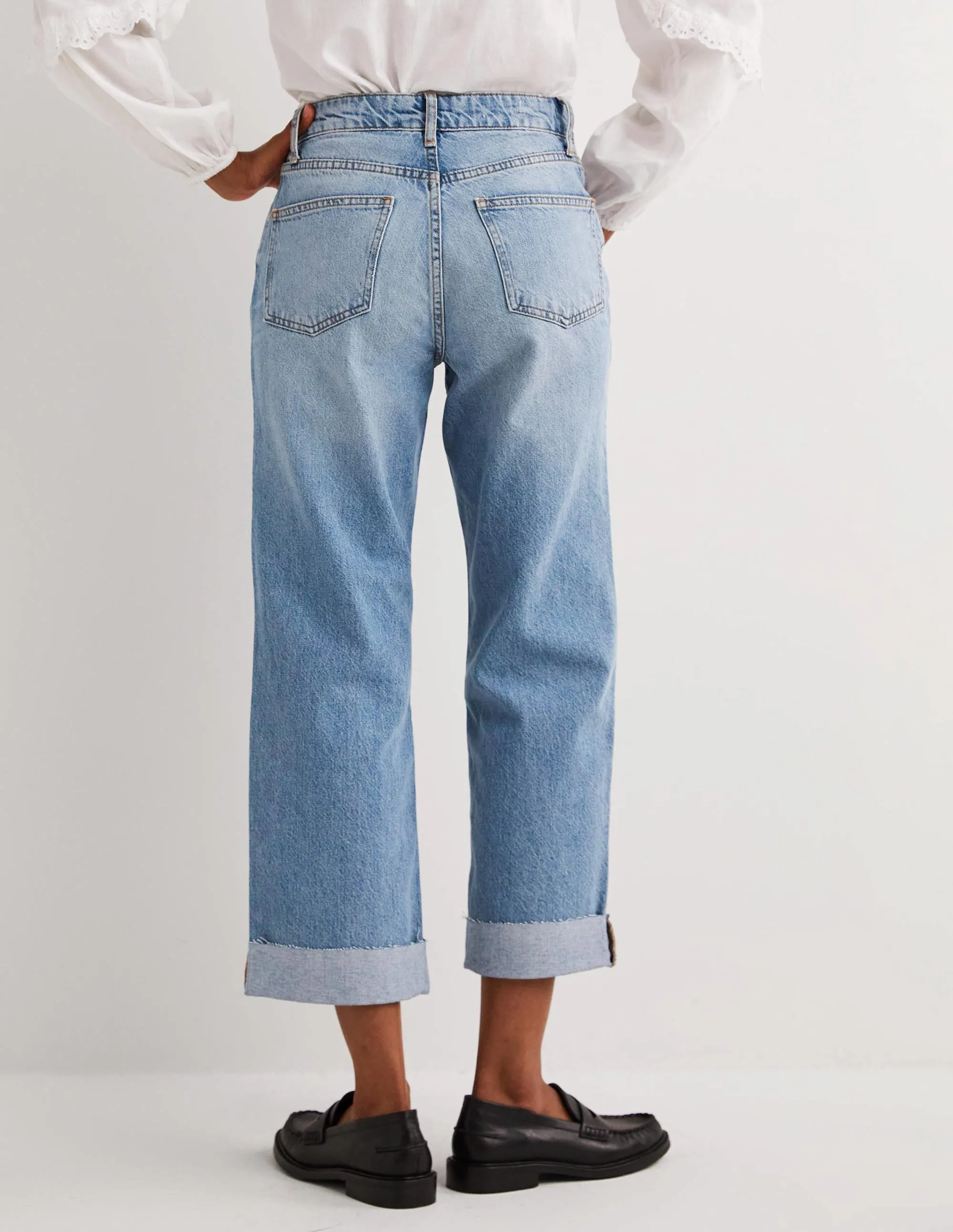 Relaxed Straight Turn Up Jeans-Pale Vintage