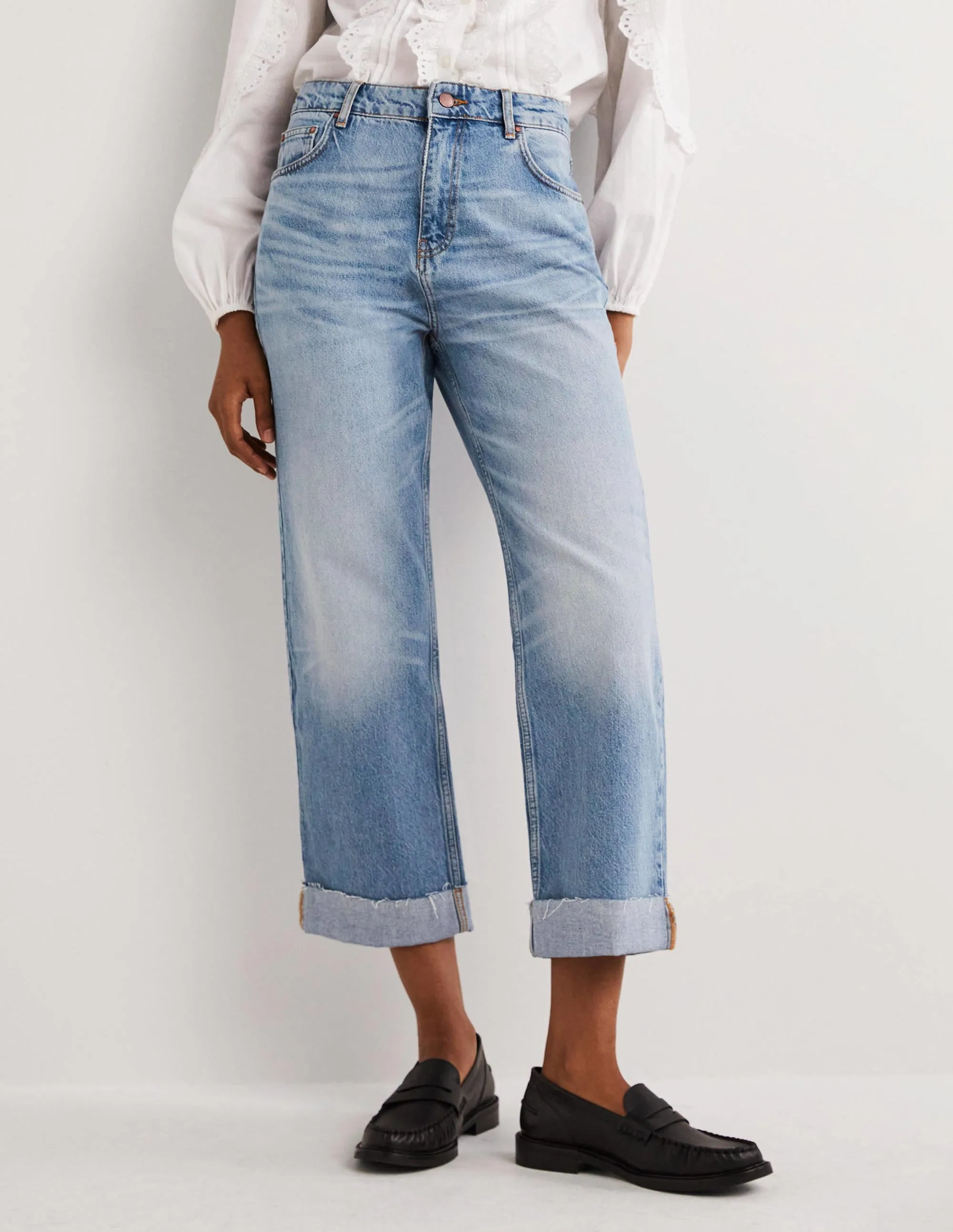 Relaxed Straight Turn Up Jeans-Pale Vintage