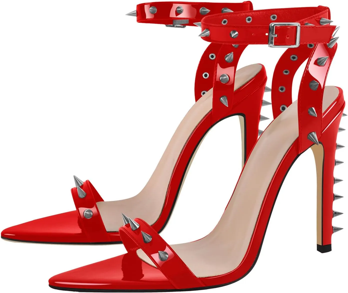 richealnini Women's Rivets Stiletto Heels Sandals with Adjustable Buckle Rivets Ankle Strap Pointed Toe Stiletto Heel Strappy Heels for Women