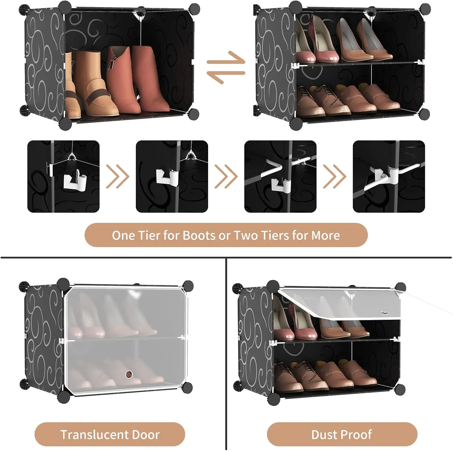 ROJASOP Portable 8-Tier Shoe Cabinet - 48-Pair Shoe Organizer with Expandable, Free Standing, Stackable Space Saving Design and 2 Exclusive Versatile Hooks for Bedroom