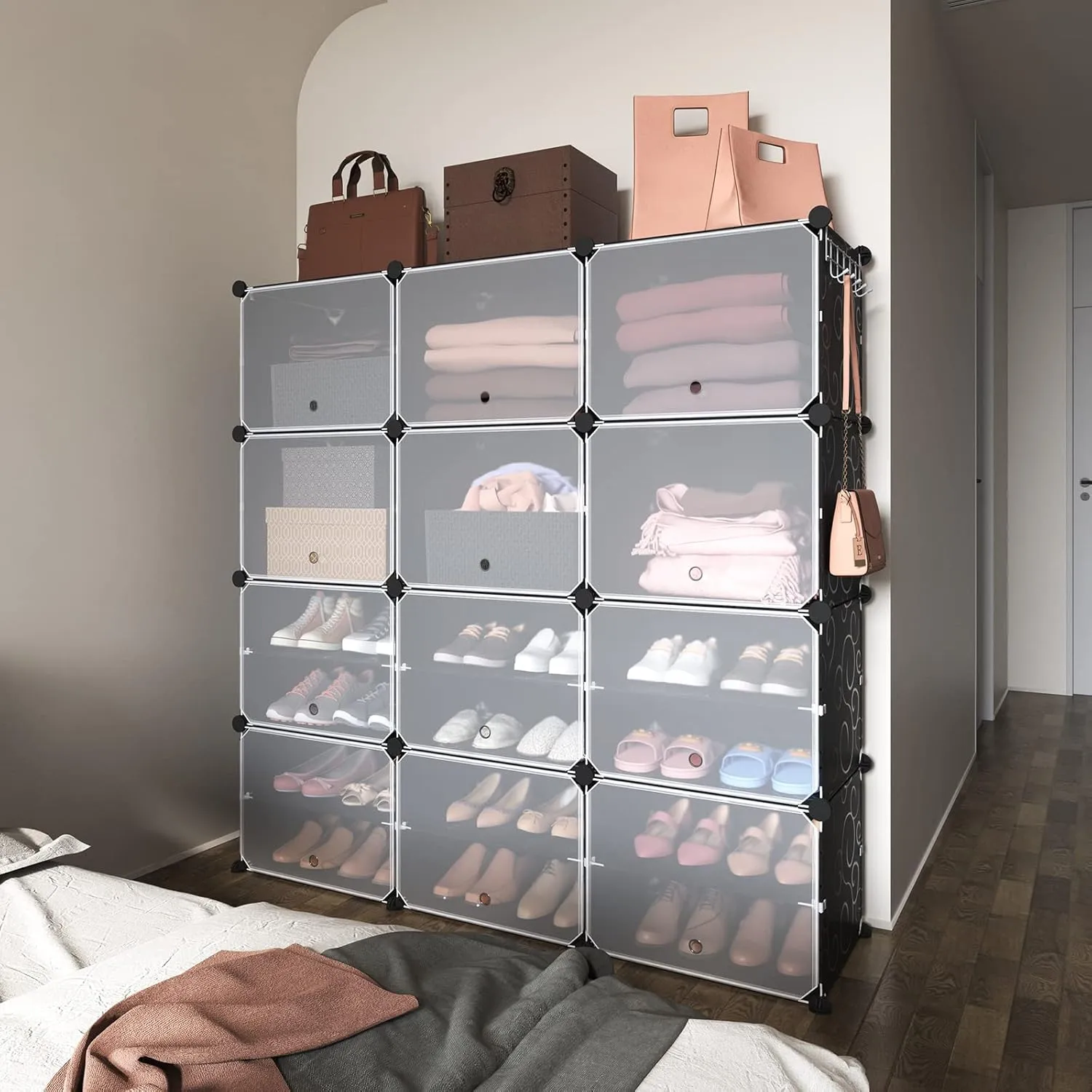 ROJASOP Portable 8-Tier Shoe Cabinet - 48-Pair Shoe Organizer with Expandable, Free Standing, Stackable Space Saving Design and 2 Exclusive Versatile Hooks for Bedroom
