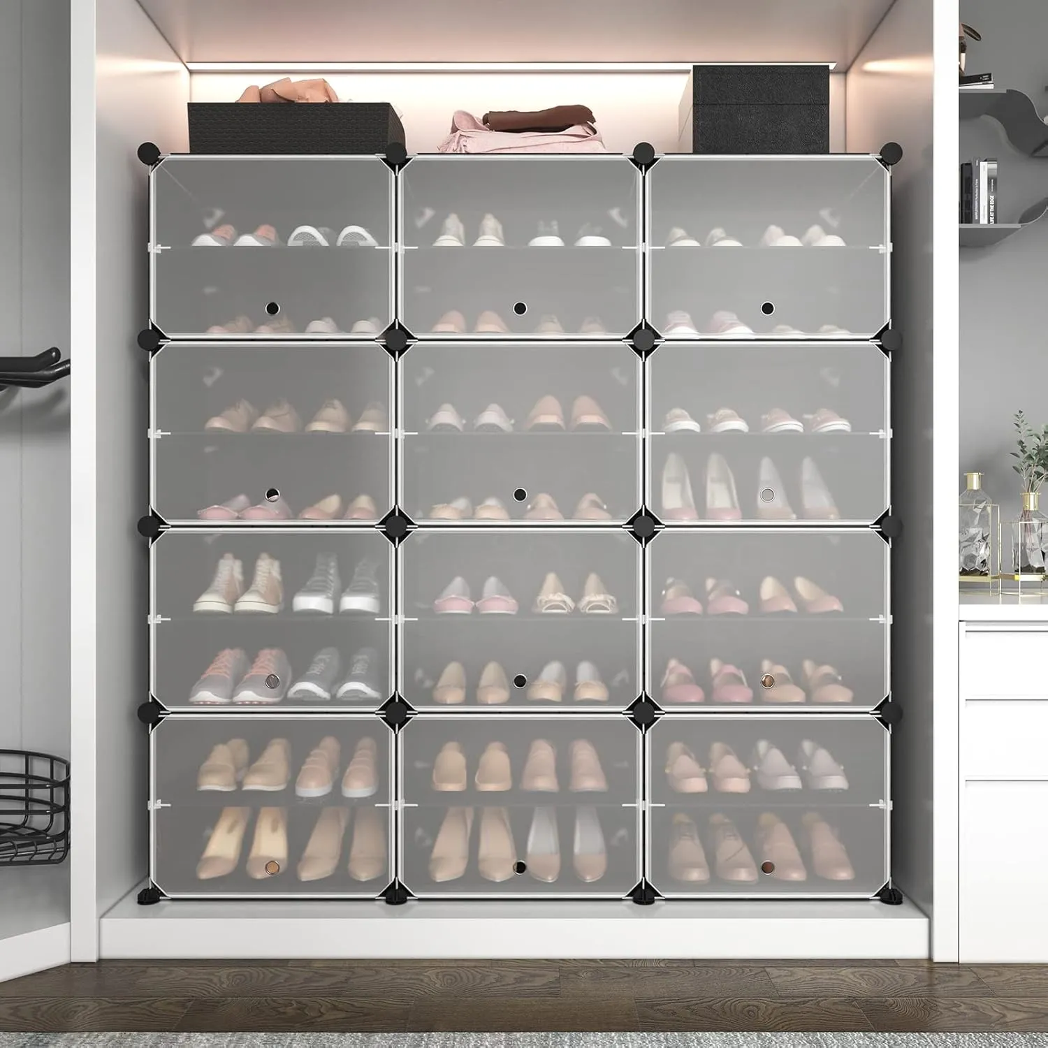 ROJASOP Portable 8-Tier Shoe Cabinet - 48-Pair Shoe Organizer with Expandable, Free Standing, Stackable Space Saving Design and 2 Exclusive Versatile Hooks for Bedroom