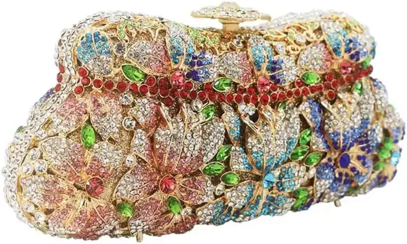 RomanticDesign Women Floral Evening Clutch Elegant Glitter Rhinestone Wedding Bridal Purse Handbag Party Prom Banquet Handbag