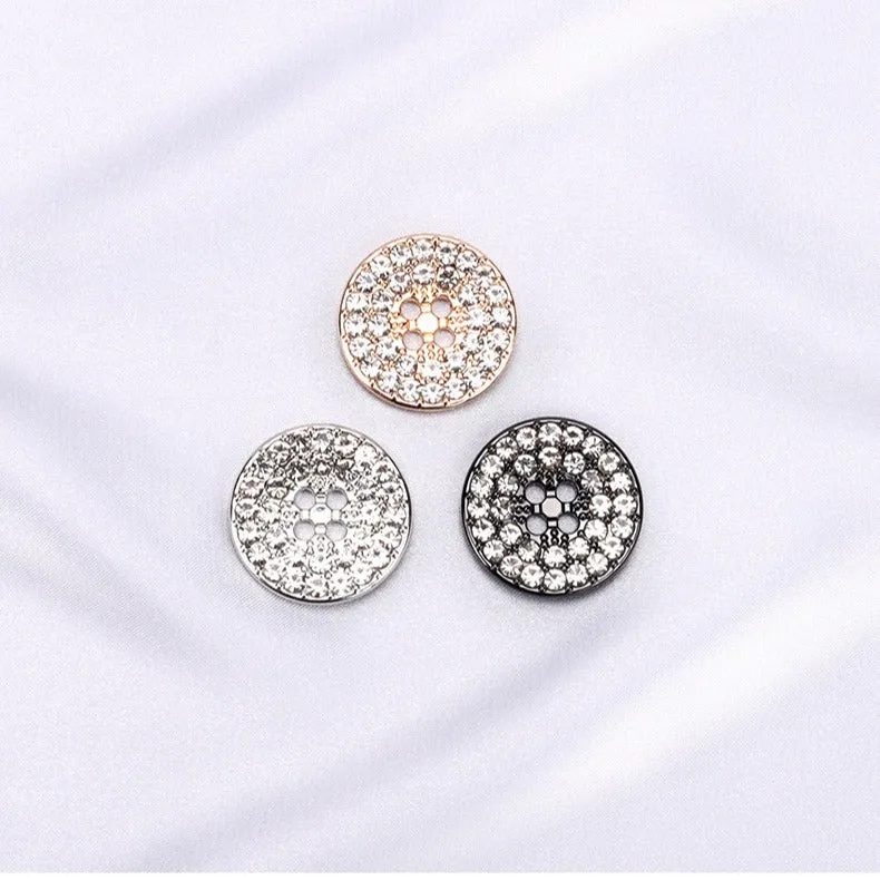 Round Gunmetal Golden Silver Rhinestone Metal Four Hole Buttons 12pcs