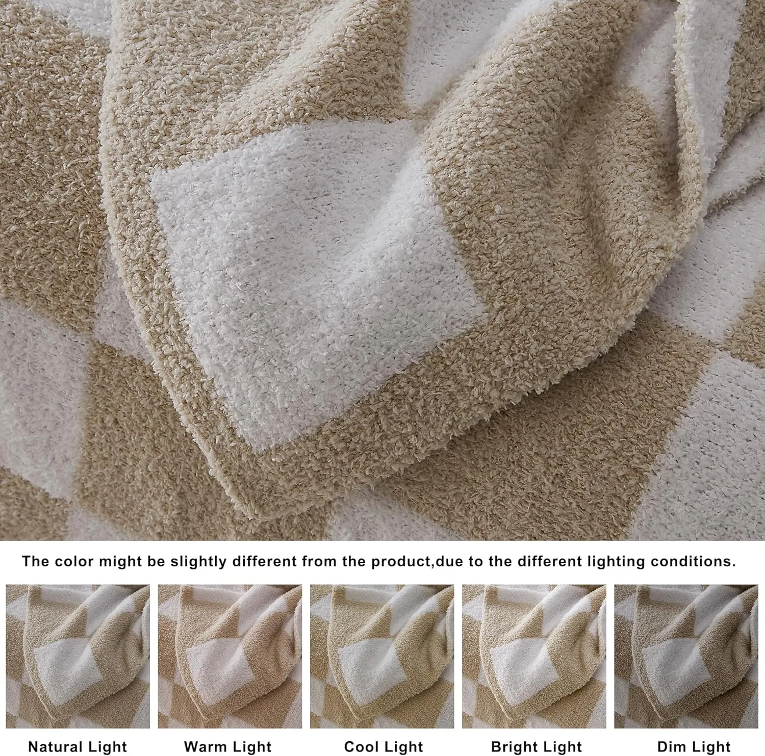 R.SHARE Beige Checkered Throw Blanket 50x70 Inch, Tan Cream and White Taupe Microfiber Lightweight Soft Comfy Cozy Fluffy Fuzzy Warm Cute Checkerboard for Couch Sofa Chair Bed