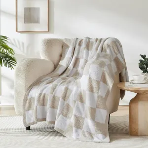 R.SHARE Beige Checkered Throw Blanket 50x70 Inch, Tan Cream and White Taupe Microfiber Lightweight Soft Comfy Cozy Fluffy Fuzzy Warm Cute Checkerboard for Couch Sofa Chair Bed