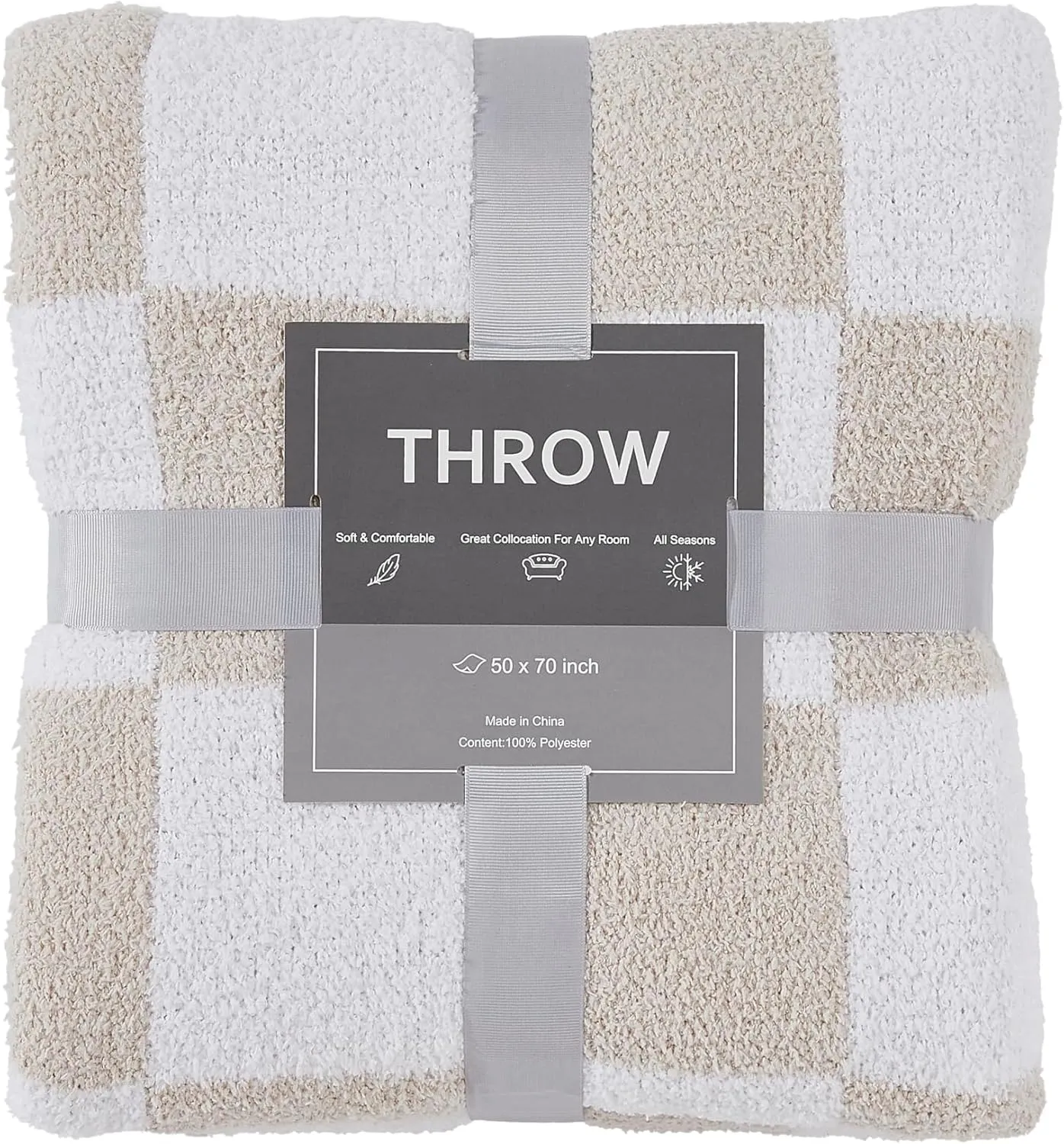 R.SHARE Beige Checkered Throw Blanket 50x70 Inch, Tan Cream and White Taupe Microfiber Lightweight Soft Comfy Cozy Fluffy Fuzzy Warm Cute Checkerboard for Couch Sofa Chair Bed