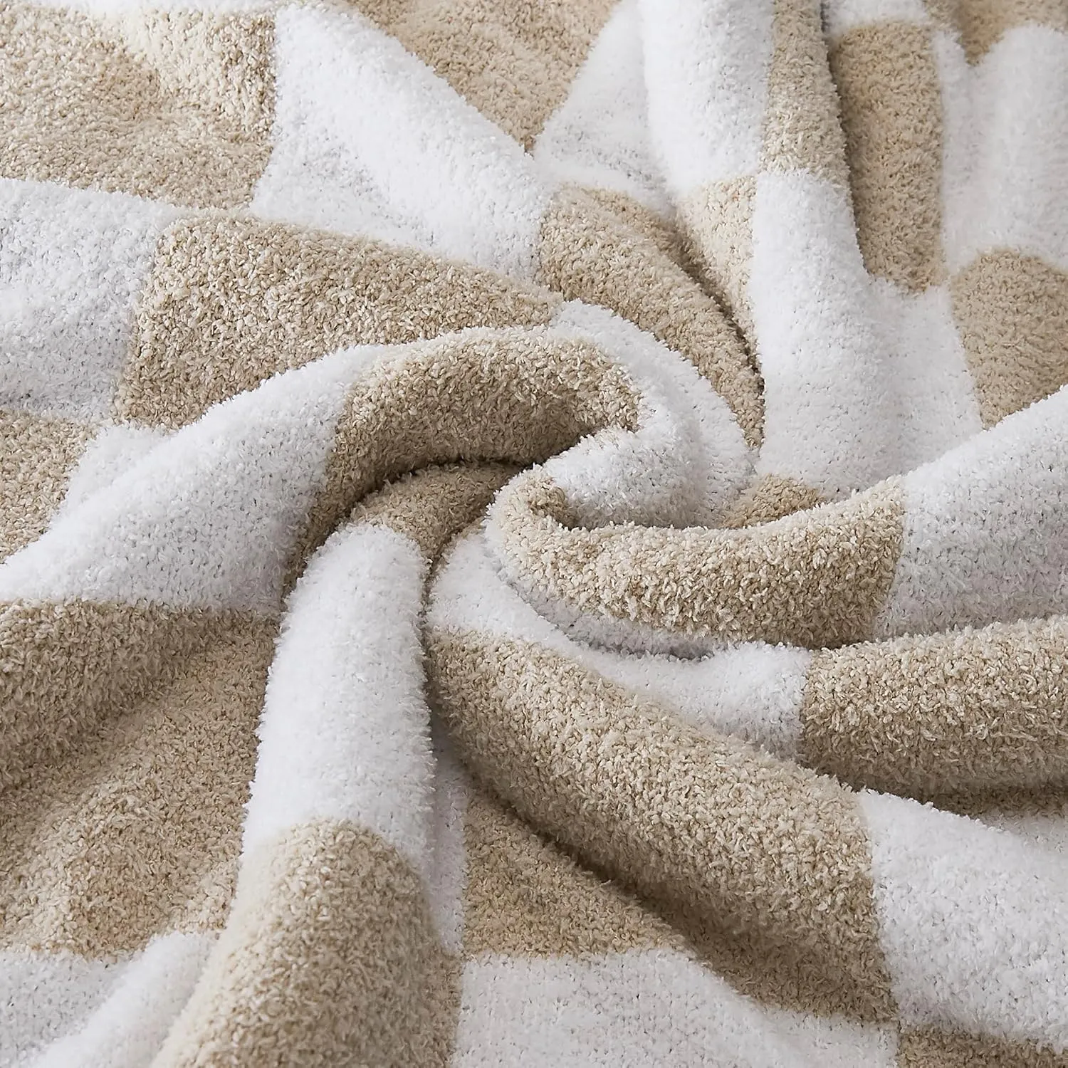 R.SHARE Beige Checkered Throw Blanket 50x70 Inch, Tan Cream and White Taupe Microfiber Lightweight Soft Comfy Cozy Fluffy Fuzzy Warm Cute Checkerboard for Couch Sofa Chair Bed