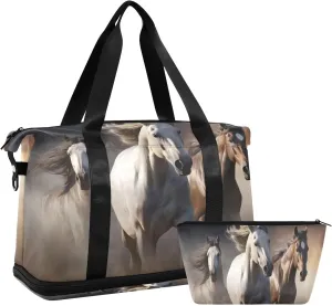 Running Horses Duffel Bag Lightweight Carry On Gym Bags for Travel and Weekends, Versatile Overnight Bag with Shoe Compartment
