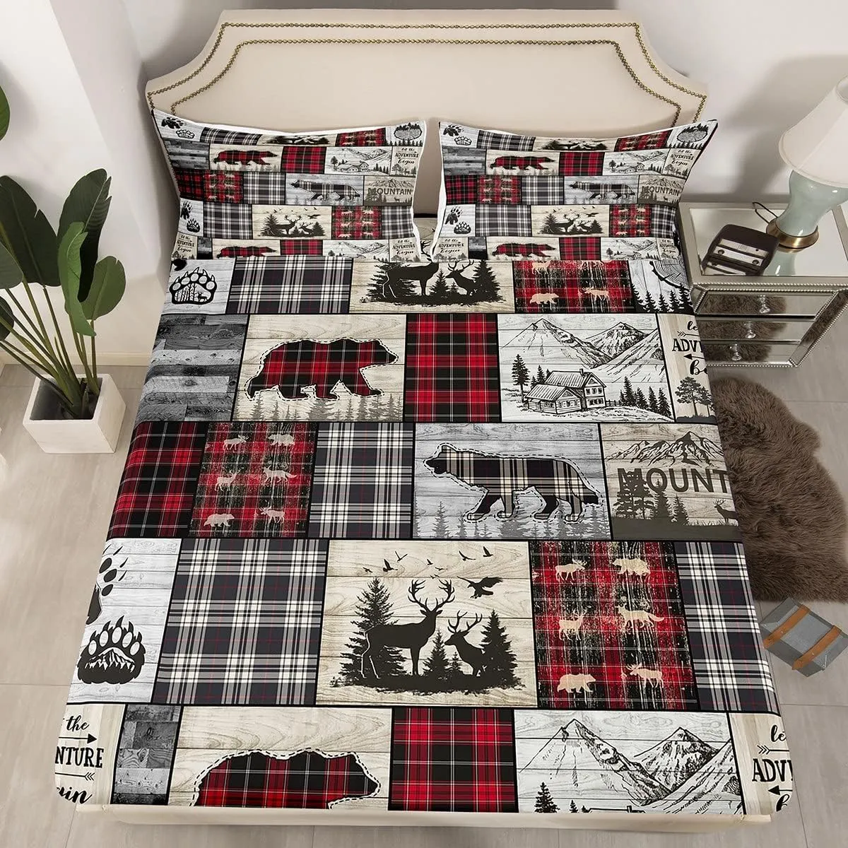 Rustic Cabin Bed Sheets Twin Woodland Wolf Deer Bear Sheet Set For Kids Adults,Red Black Buffalo Plaid Bedding Wildlife Camping Lodge Mountain Fitted Sheet Southwestern Farmhouse Flat Sheet 3 Pcs