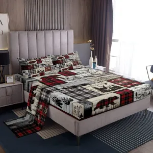 Rustic Cabin Bed Sheets Twin Woodland Wolf Deer Bear Sheet Set For Kids Adults,Red Black Buffalo Plaid Bedding Wildlife Camping Lodge Mountain Fitted Sheet Southwestern Farmhouse Flat Sheet 3 Pcs