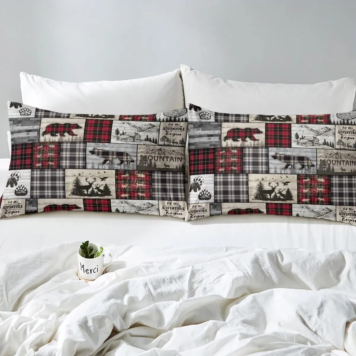 Rustic Cabin Bed Sheets Twin Woodland Wolf Deer Bear Sheet Set For Kids Adults,Red Black Buffalo Plaid Bedding Wildlife Camping Lodge Mountain Fitted Sheet Southwestern Farmhouse Flat Sheet 3 Pcs
