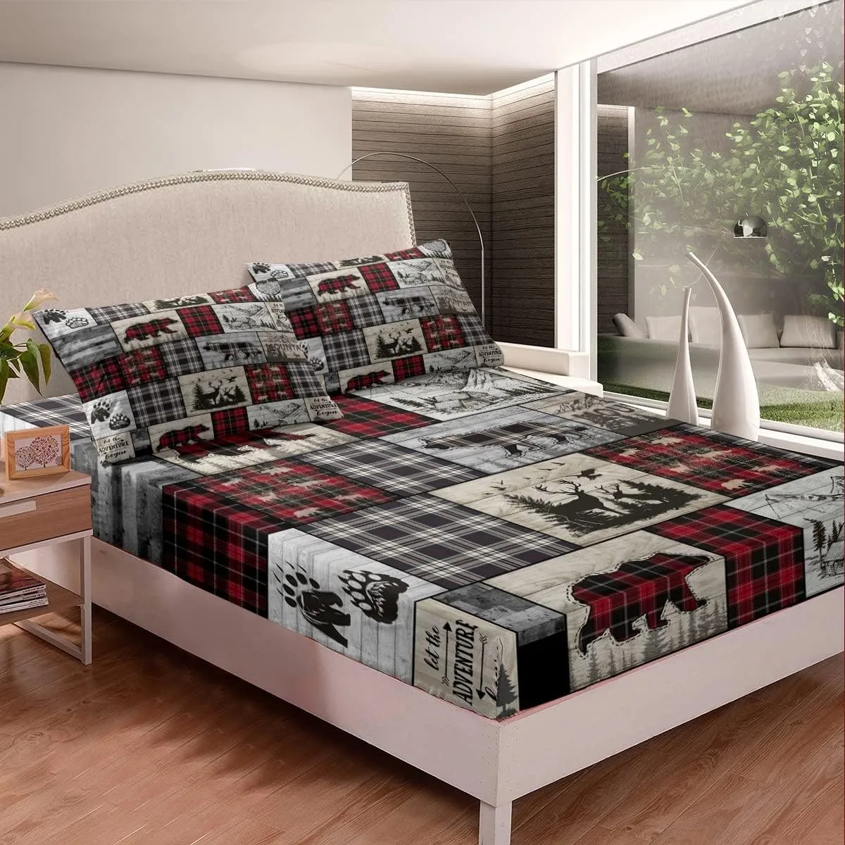Rustic Cabin Bed Sheets Twin Woodland Wolf Deer Bear Sheet Set For Kids Adults,Red Black Buffalo Plaid Bedding Wildlife Camping Lodge Mountain Fitted Sheet Southwestern Farmhouse Flat Sheet 3 Pcs