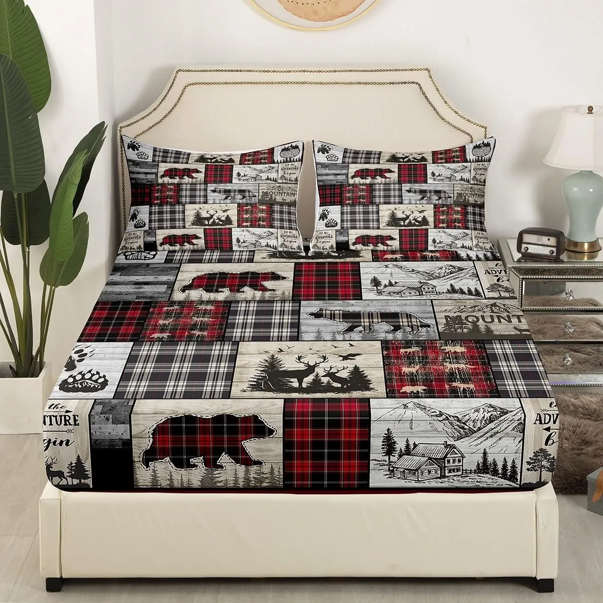 Rustic Cabin Bed Sheets Twin Woodland Wolf Deer Bear Sheet Set For Kids Adults,Red Black Buffalo Plaid Bedding Wildlife Camping Lodge Mountain Fitted Sheet Southwestern Farmhouse Flat Sheet 3 Pcs