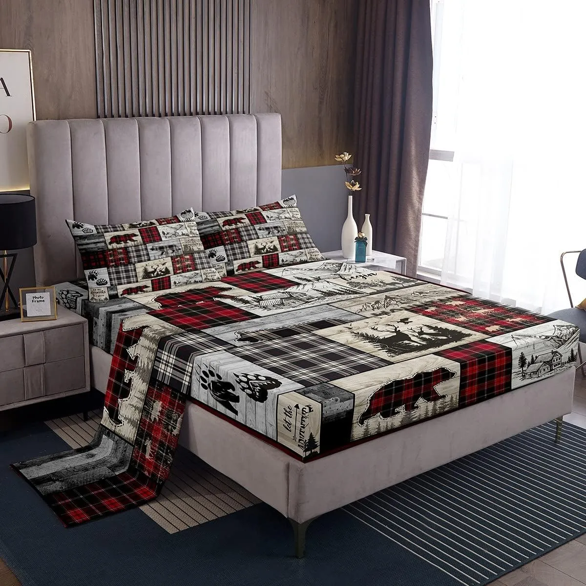 Rustic Cabin Bed Sheets Twin Woodland Wolf Deer Bear Sheet Set For Kids Adults,Red Black Buffalo Plaid Bedding Wildlife Camping Lodge Mountain Fitted Sheet Southwestern Farmhouse Flat Sheet 3 Pcs