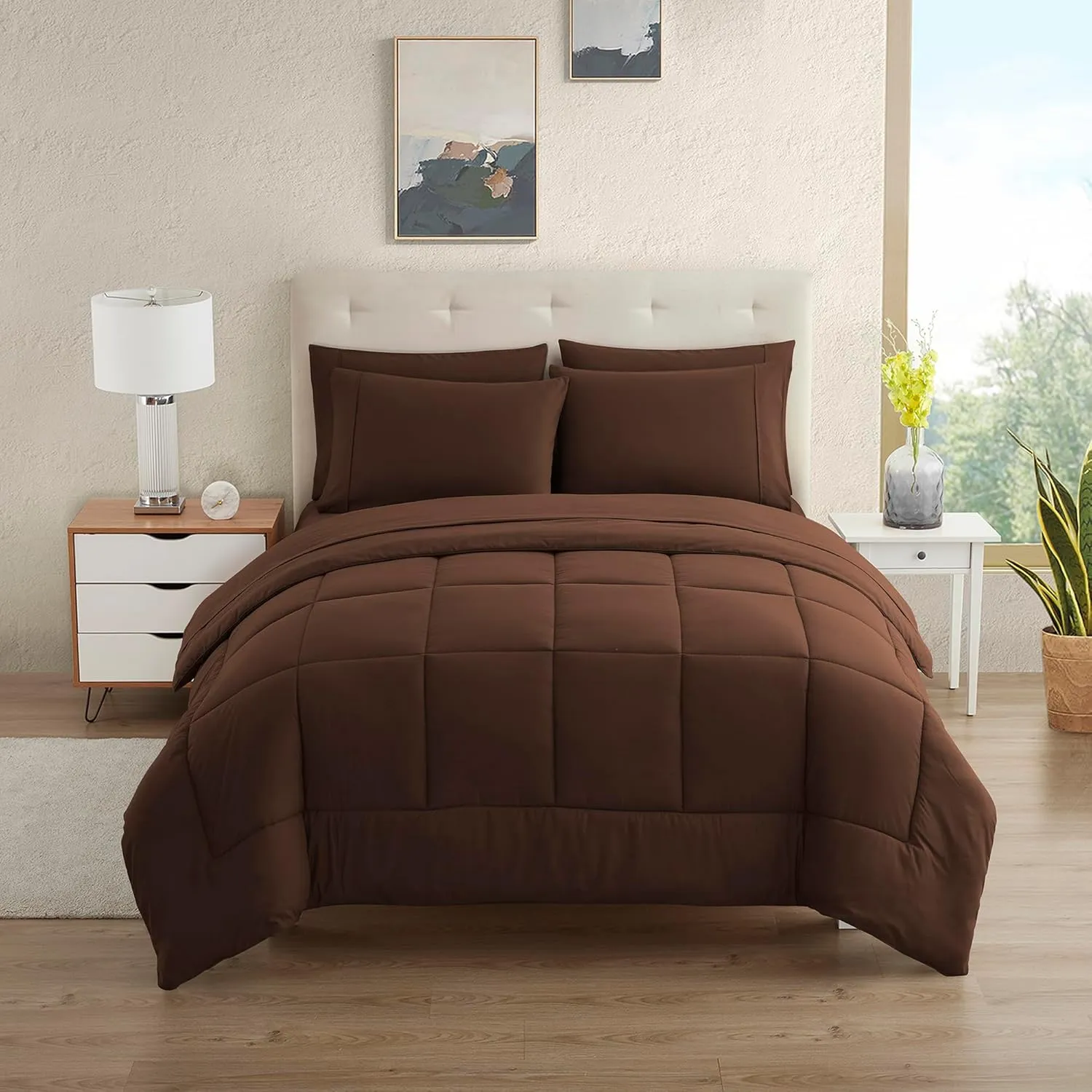 RV Short Queen Comforter Set for RV Camper Comforter Set with Fitted & Flat Sheet, 4 Pillowcases Tailored for RV Short Queen Beds Cozy Essentials for Your RV Bedroom, Brown