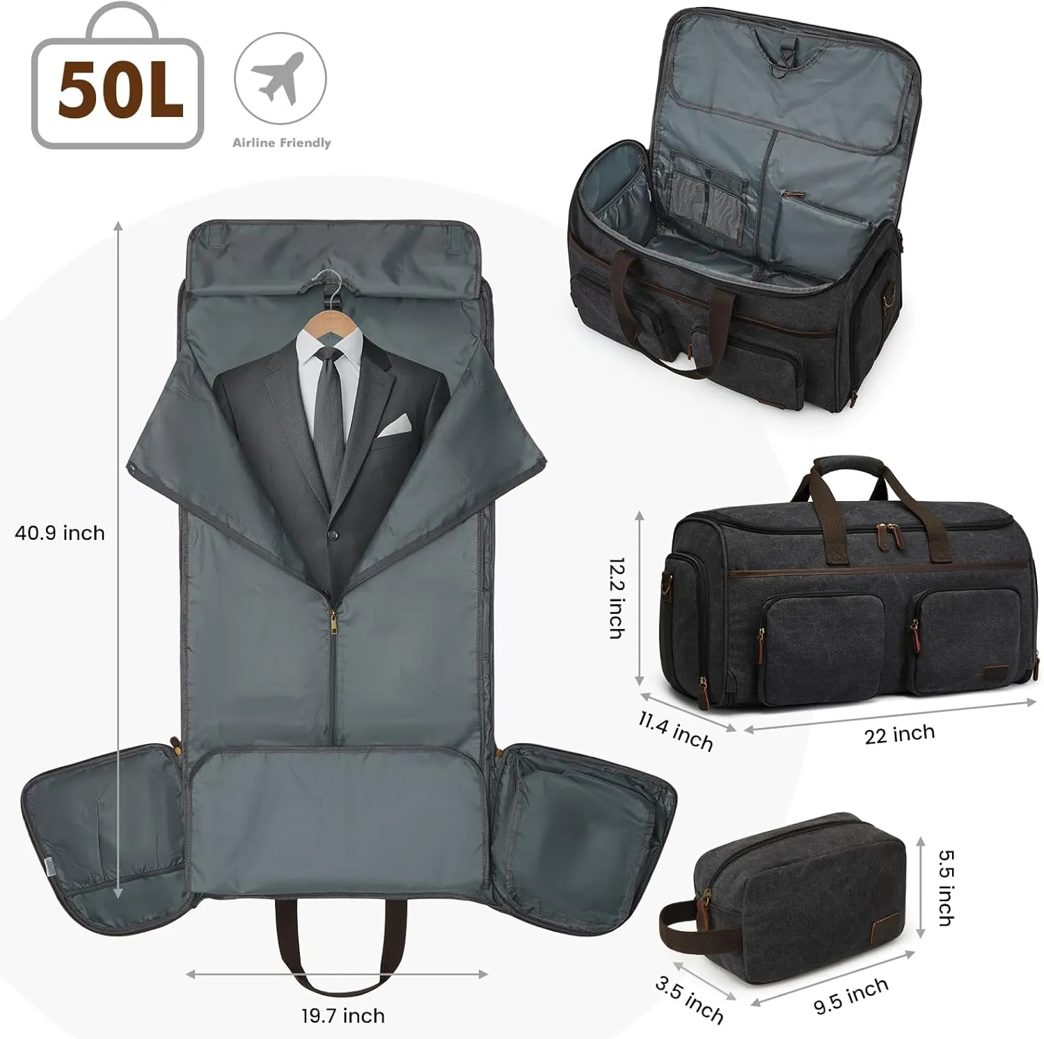 S-ZONE Garment Bag for Travel Carry on Duffle Bag for Men Travel Convertible Suit Bags Carry on Luggage Hanging Suitcase Travel Bag with Toiletry Bag, Black, 50l