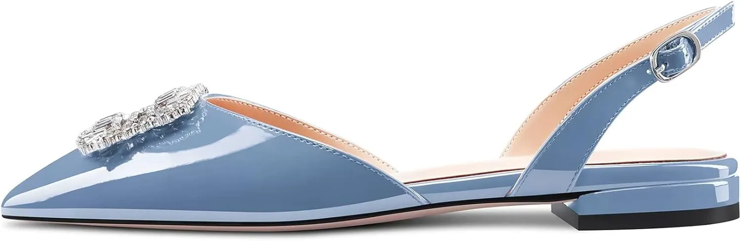Saekcted Women Chunky Block Low Heel Pointed Toe Sandals Slingback Rhinestone Crystal Party Cute Shoes