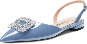 Saekcted Women Chunky Block Low Heel Pointed Toe Sandals Slingback Rhinestone Crystal Party Cute Shoes