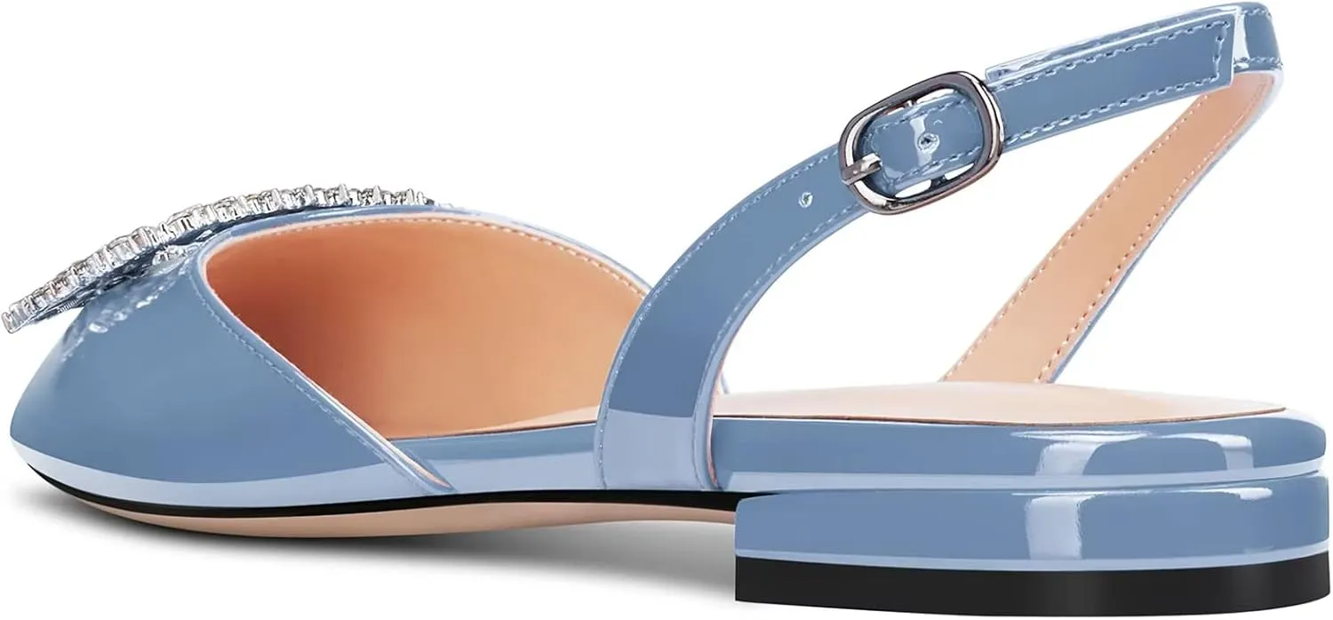 Saekcted Women Chunky Block Low Heel Pointed Toe Sandals Slingback Rhinestone Crystal Party Cute Shoes