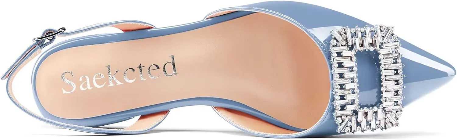 Saekcted Women Chunky Block Low Heel Pointed Toe Sandals Slingback Rhinestone Crystal Party Cute Shoes