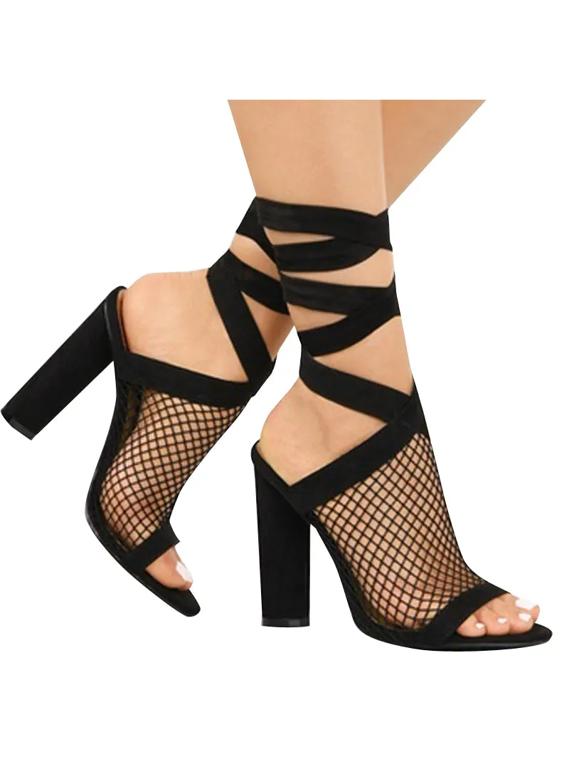 Sandals Bandage Flock Cross Strap Lace Up High Heels