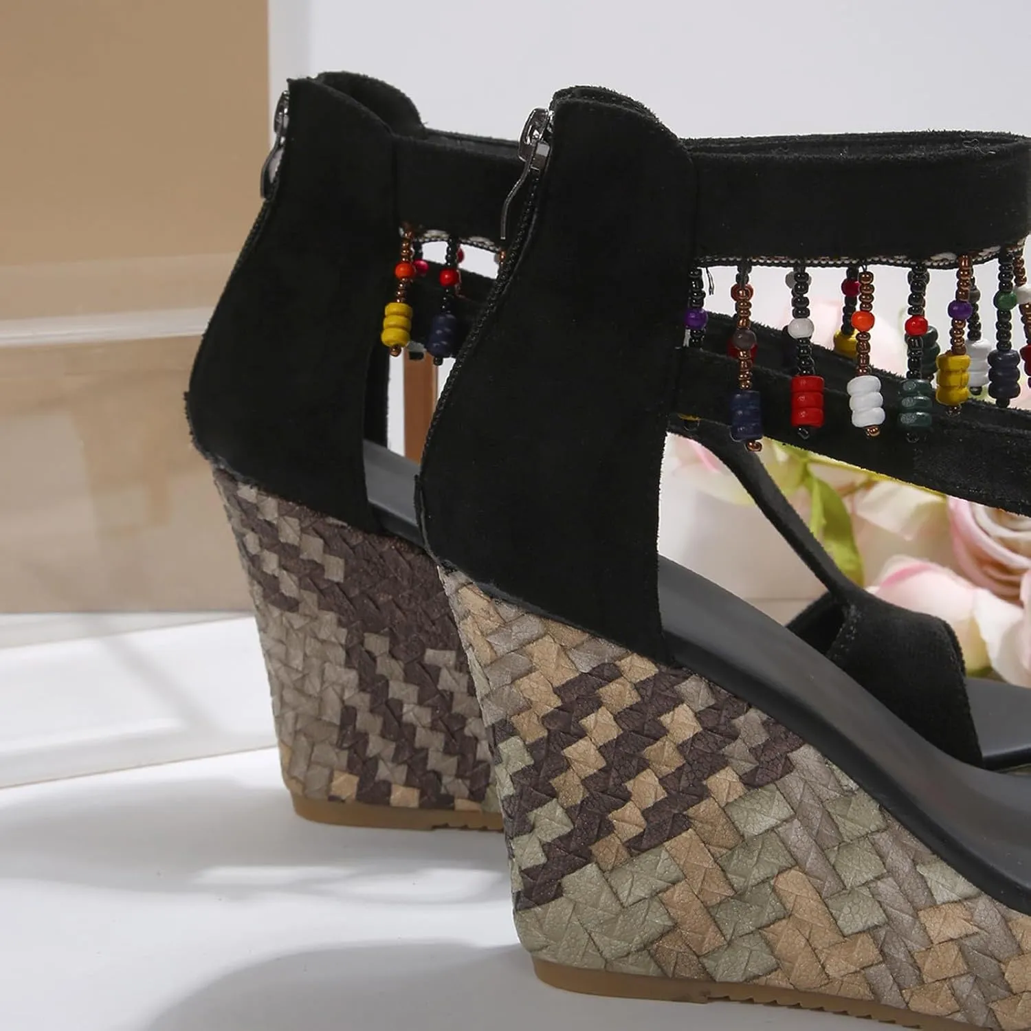 Sandals for Women 2025 Dressy Back Zipper Suede Wedges Heels For Women Open Toe High Heeled Bohemian Platform Sandal