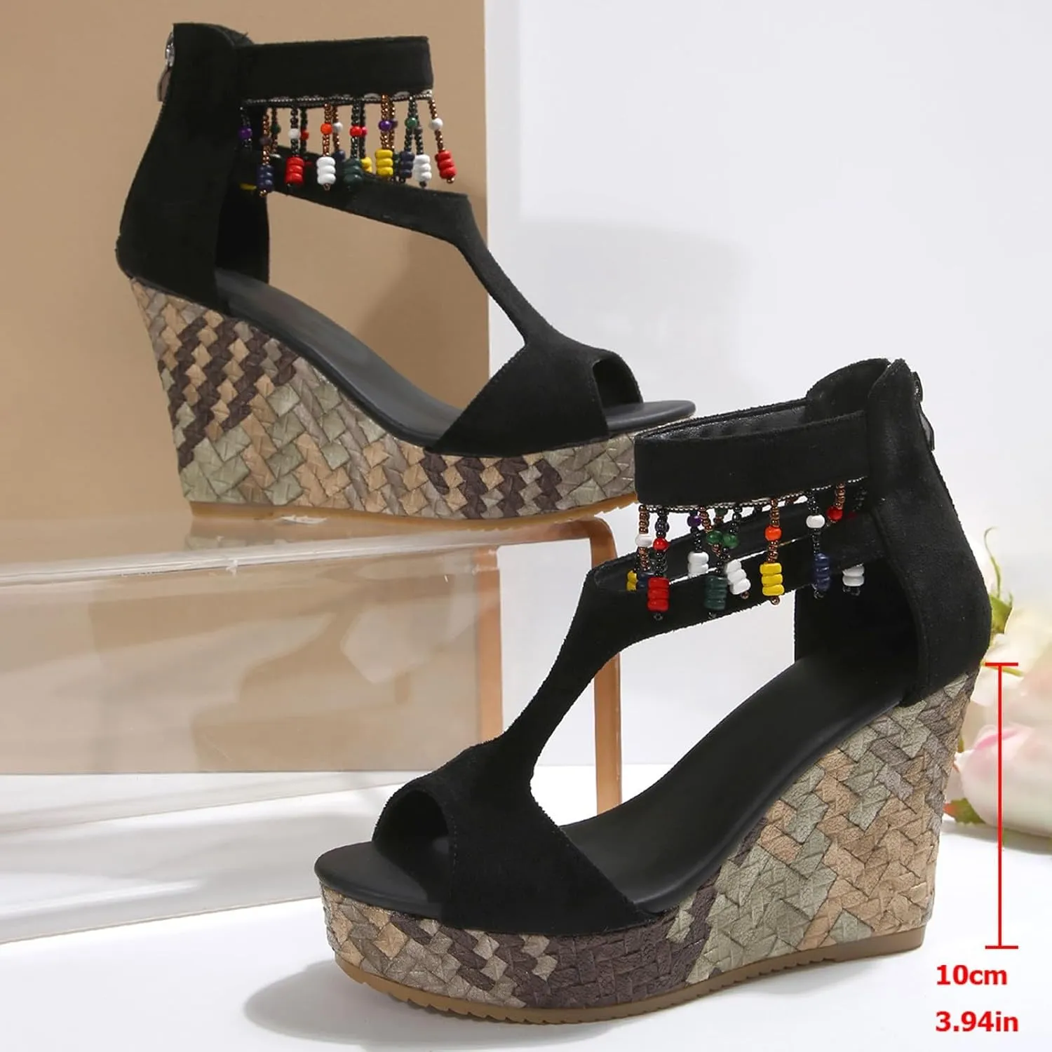 Sandals for Women 2025 Dressy Back Zipper Suede Wedges Heels For Women Open Toe High Heeled Bohemian Platform Sandal