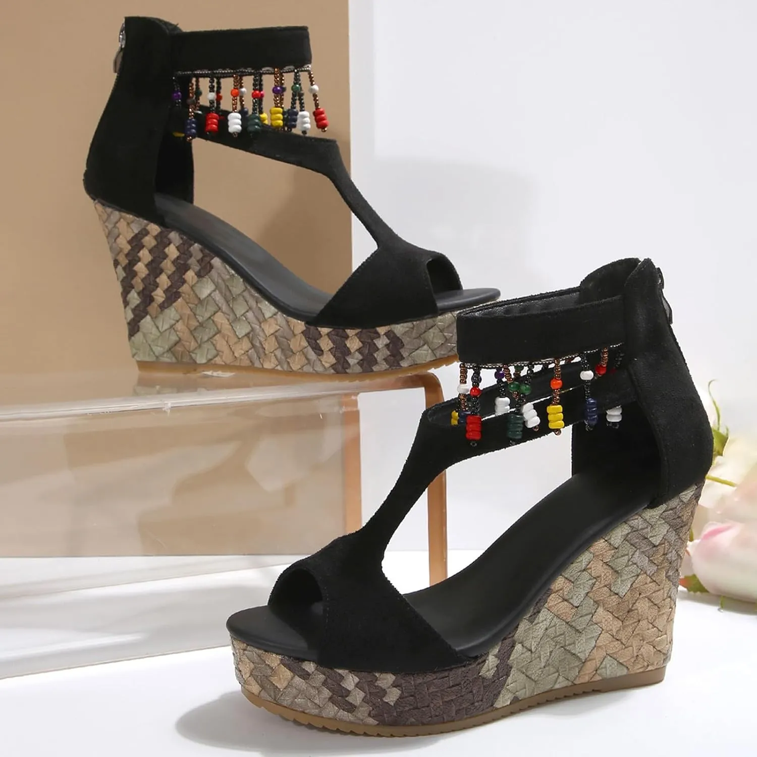 Sandals for Women 2025 Dressy Back Zipper Suede Wedges Heels For Women Open Toe High Heeled Bohemian Platform Sandal