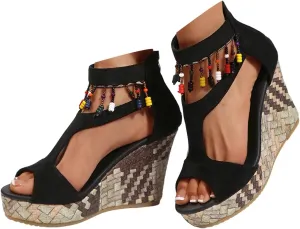 Sandals for Women 2025 Dressy Back Zipper Suede Wedges Heels For Women Open Toe High Heeled Bohemian Platform Sandal