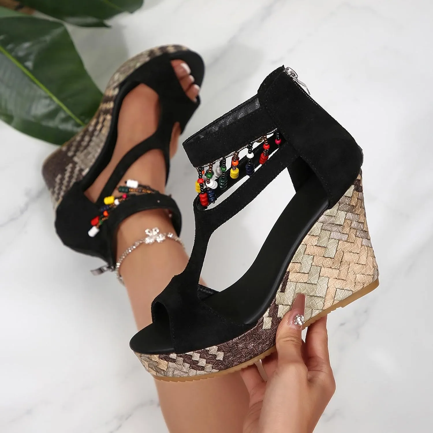 Sandals for Women 2025 Dressy Back Zipper Suede Wedges Heels For Women Open Toe High Heeled Bohemian Platform Sandal