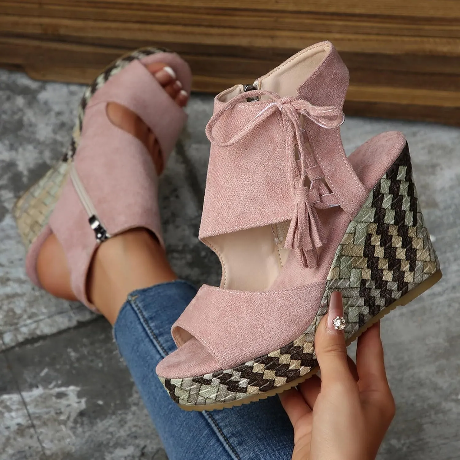 Sandals for Women 2025 Dressy Side Zipper Suede Wedges Heels Open Toe High Heeled Vintage Platform Sandal Shoes