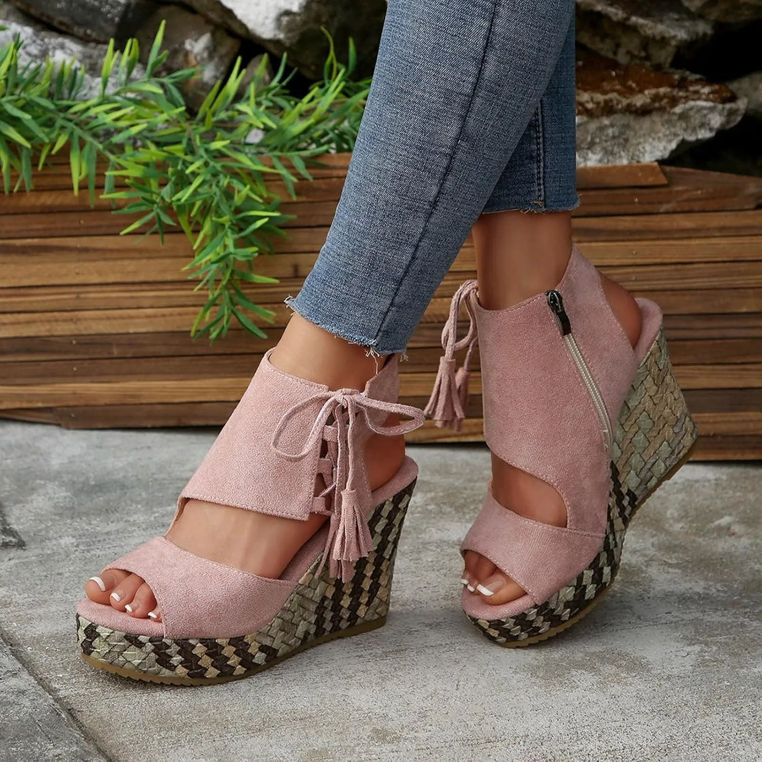 Sandals for Women 2025 Dressy Side Zipper Suede Wedges Heels Open Toe High Heeled Vintage Platform Sandal Shoes