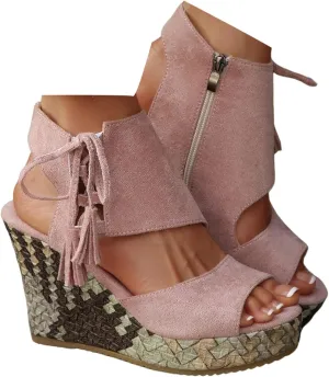 Sandals for Women 2025 Dressy Side Zipper Suede Wedges Heels Open Toe High Heeled Vintage Platform Sandal Shoes