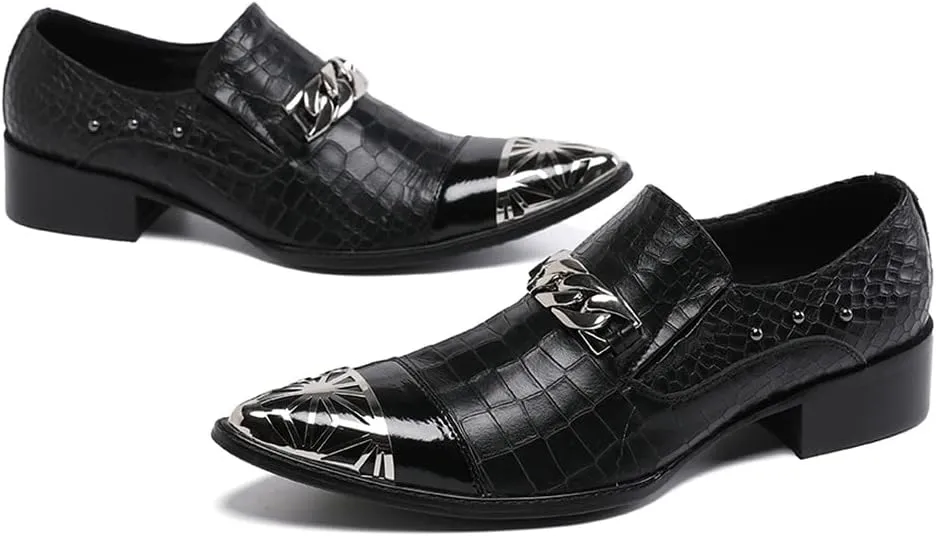 Santimon Mens Casual Smoking Loafers Slip On Metal Patch Double Cap Toe Rivet Genuine Leather Lightweight Modern Fashion Business Dress Shoes