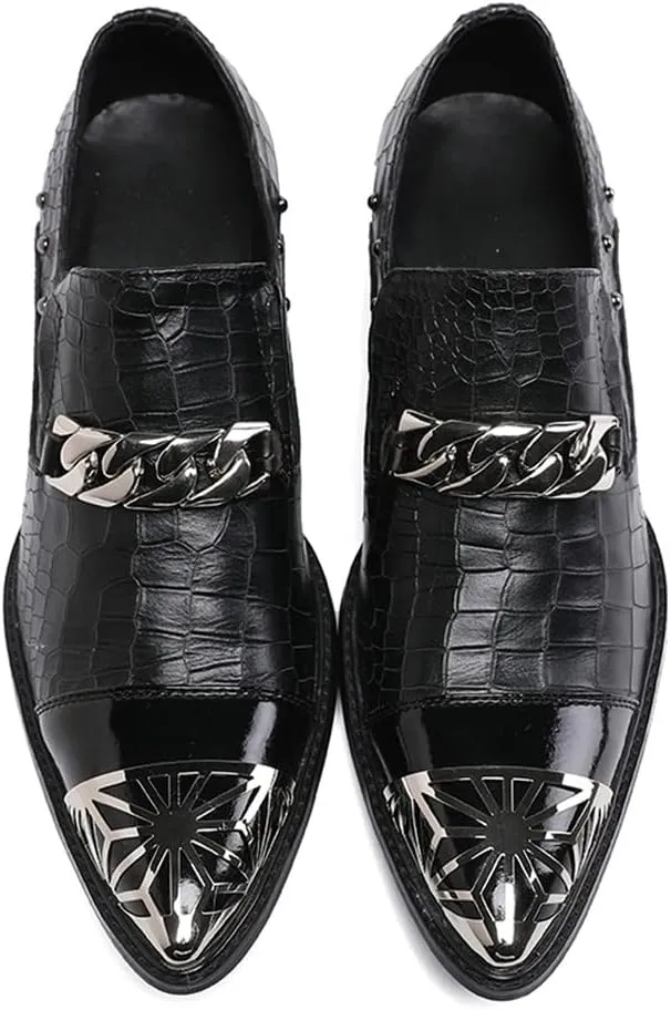Santimon Mens Casual Smoking Loafers Slip On Metal Patch Double Cap Toe Rivet Genuine Leather Lightweight Modern Fashion Business Dress Shoes