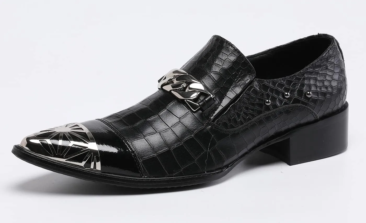 Santimon Mens Casual Smoking Loafers Slip On Metal Patch Double Cap Toe Rivet Genuine Leather Lightweight Modern Fashion Business Dress Shoes