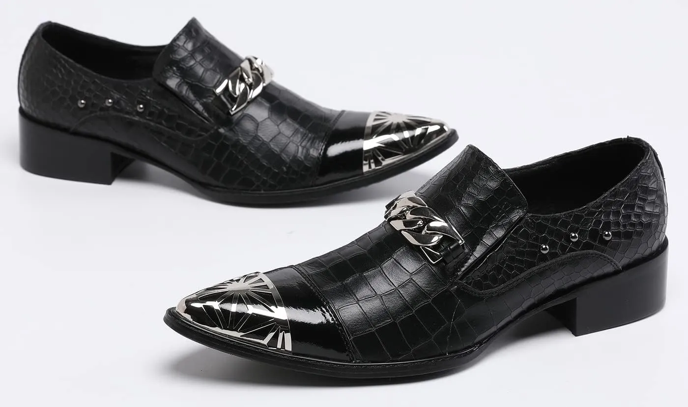 Santimon Mens Casual Smoking Loafers Slip On Metal Patch Double Cap Toe Rivet Genuine Leather Lightweight Modern Fashion Business Dress Shoes