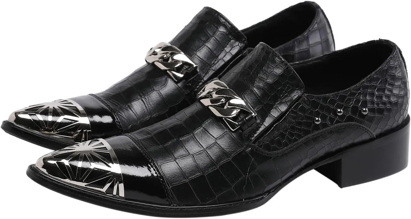 Santimon Mens Casual Smoking Loafers Slip On Metal Patch Double Cap Toe Rivet Genuine Leather Lightweight Modern Fashion Business Dress Shoes