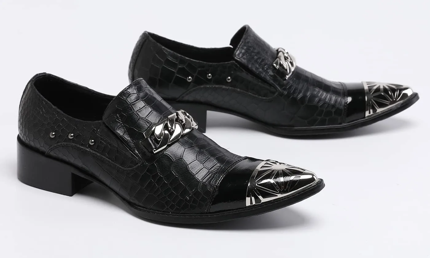 Santimon Mens Casual Smoking Loafers Slip On Metal Patch Double Cap Toe Rivet Genuine Leather Lightweight Modern Fashion Business Dress Shoes