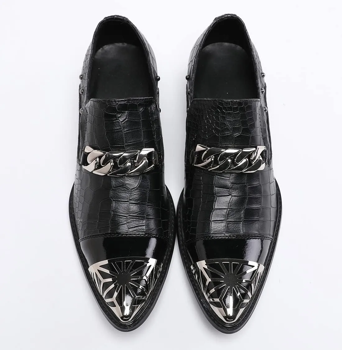 Santimon Mens Casual Smoking Loafers Slip On Metal Patch Double Cap Toe Rivet Genuine Leather Lightweight Modern Fashion Business Dress Shoes