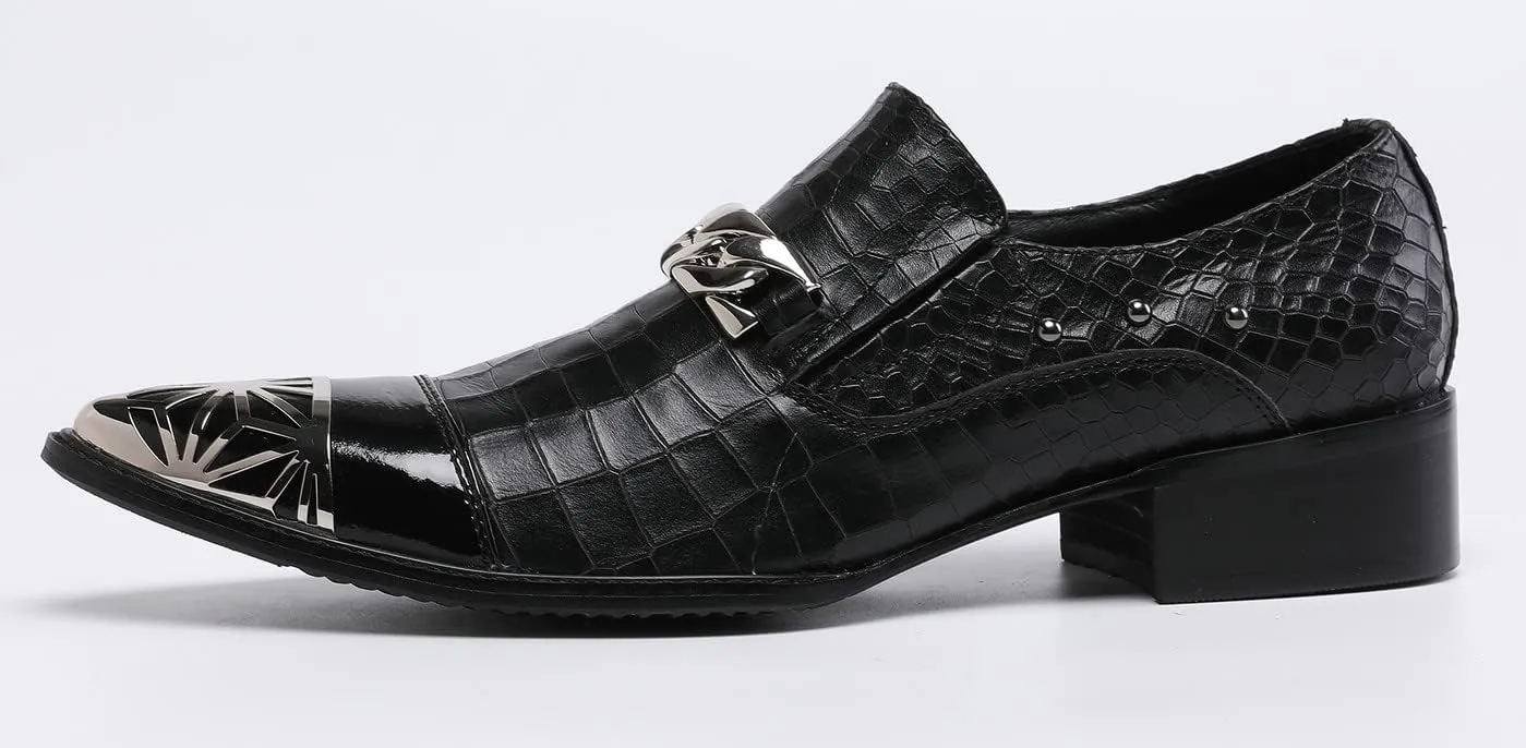 Santimon Mens Casual Smoking Loafers Slip On Metal Patch Double Cap Toe Rivet Genuine Leather Lightweight Modern Fashion Business Dress Shoes