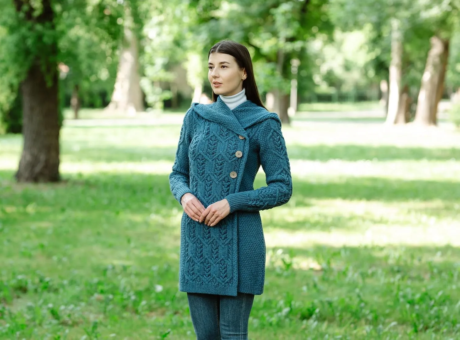 SAOL 100% Merino Wool Women Cardigan Butonned with Hood Aran Leaf Coat Made in Ireland