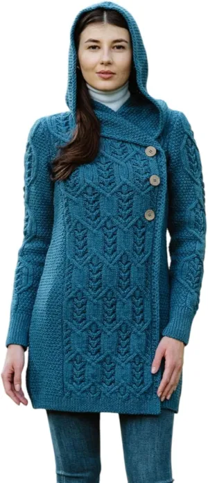 SAOL 100% Merino Wool Women Cardigan Butonned with Hood Aran Leaf Coat Made in Ireland