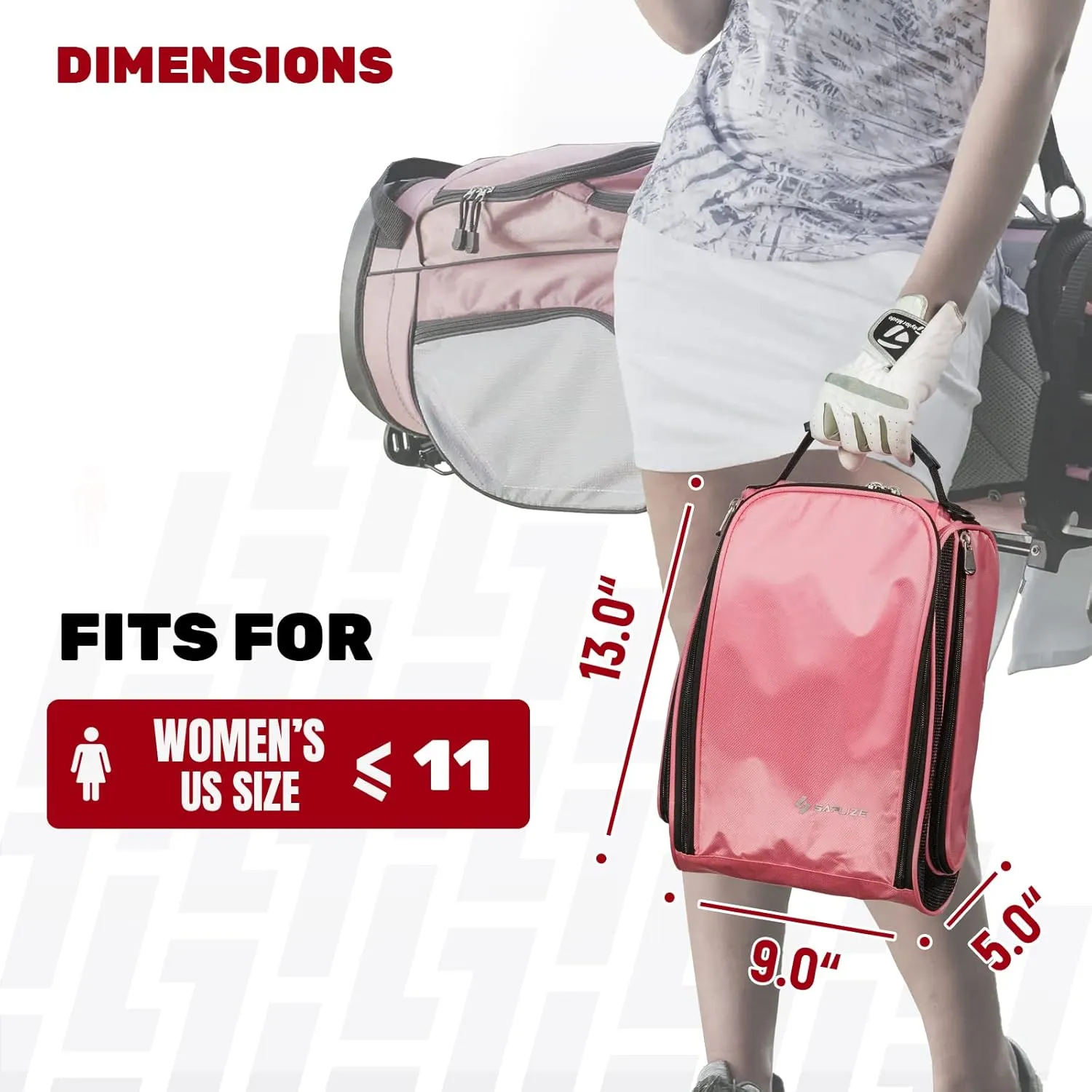 SAPLIZE Golf Shoe Bag for Women, with Mesh Ventilation & Outside Pocket for Golf Aceesories, Breathable Shoe Carrier Tote Bags, Sports Travel Shoe Storage Organizer Bag, Pink