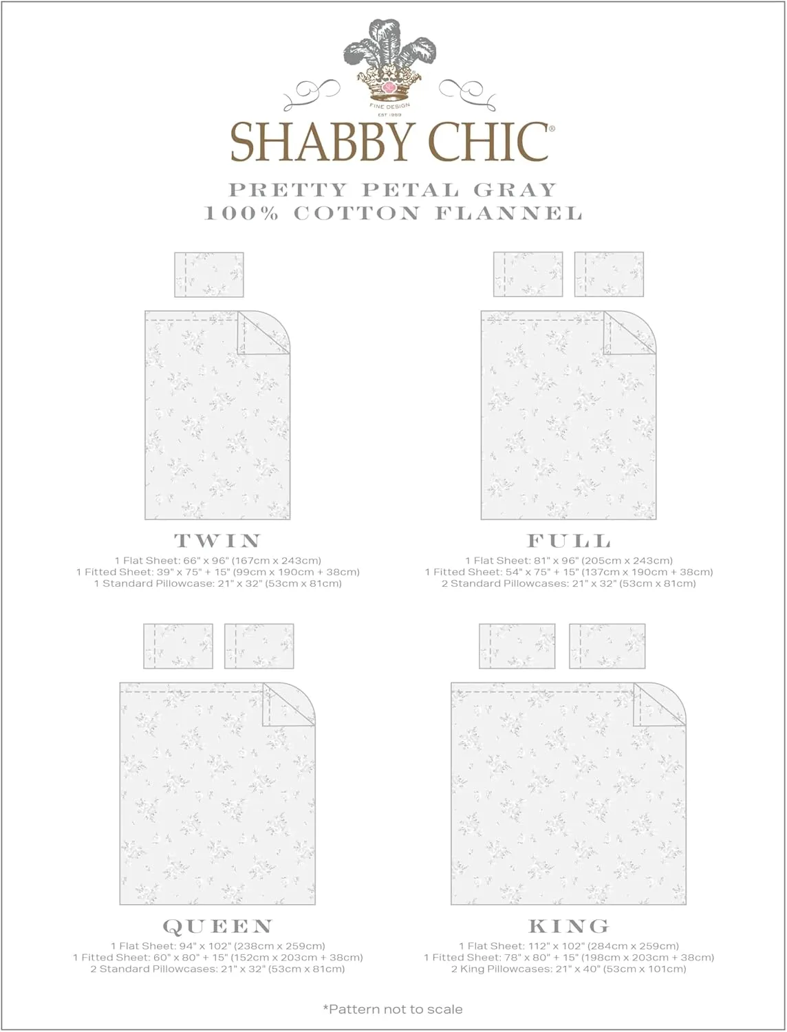 Shabby Chic® - Queen Sheets, Cotton Flannel Bedding Set, Warm & Cozy Home Decor (Pretty Petal Grey, Queen)
