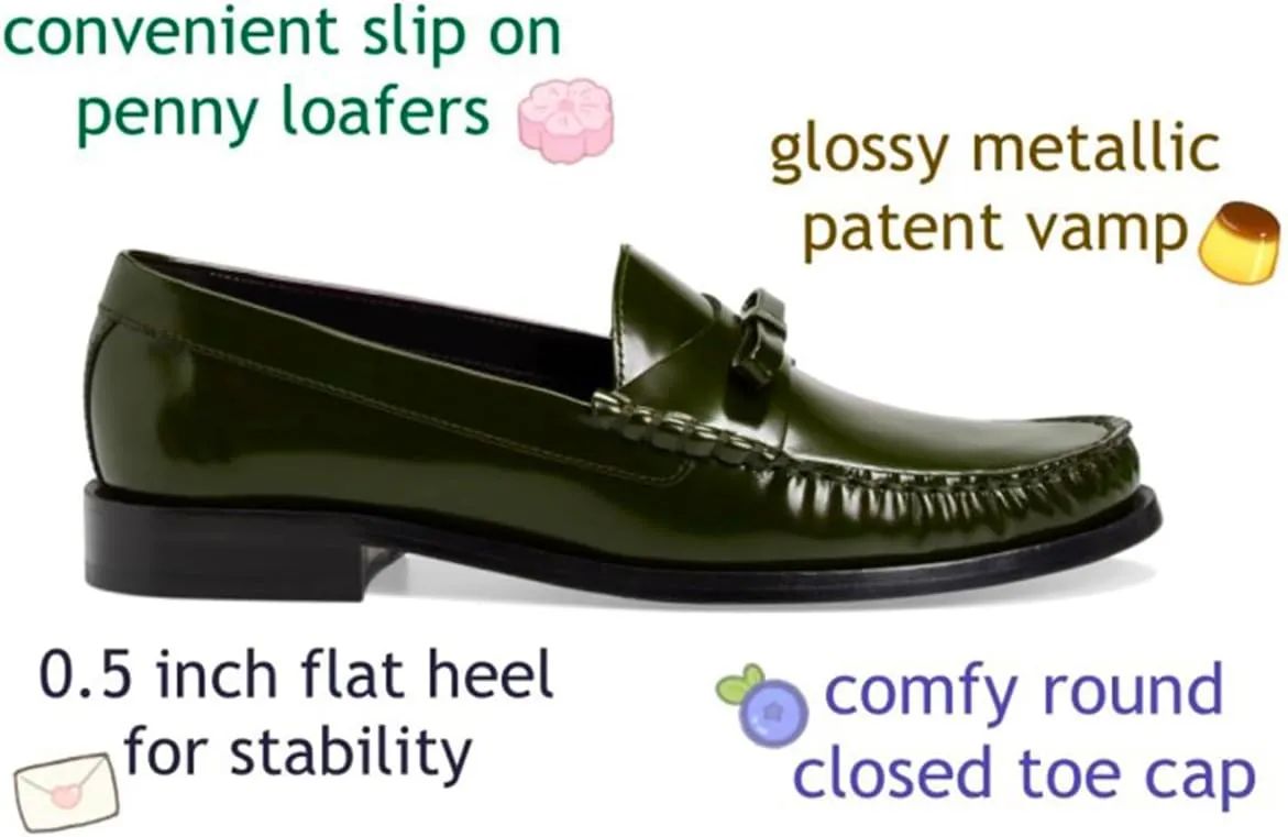 SHODENSE Women Flat Bow Loafers Closed Round Toe Slip On Loafer Flats Patent Leather Penny Loafers Pleated Metallic Oxford Shoes Office Ladies Work Fashion Casual Club Driver Flats Chic Fall 4-11 M US