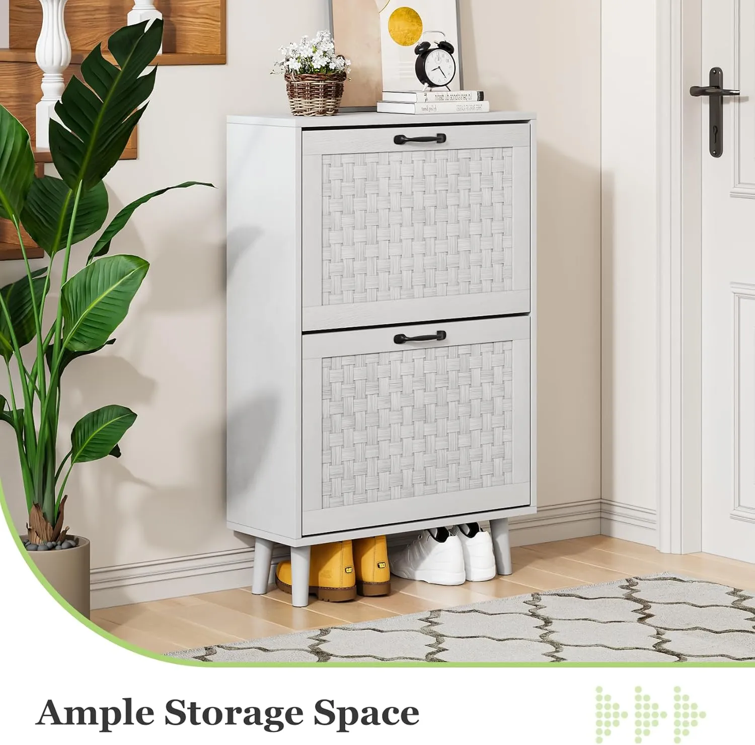Shoe Storage Cabinet with Handmade Rattan Drawers, Freestanding Shoe Organizer Cabinet with Solid Wood Legs, Narrow Shoe Cabinet Storage for Entryway, Rustic Slim Shoe Rack Cabinet (White)