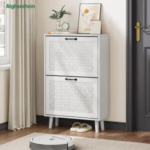 Shoe Storage Cabinet with Handmade Rattan Drawers, Freestanding Shoe Organizer Cabinet with Solid Wood Legs, Narrow Shoe Cabinet Storage for Entryway, Rustic Slim Shoe Rack Cabinet (White)